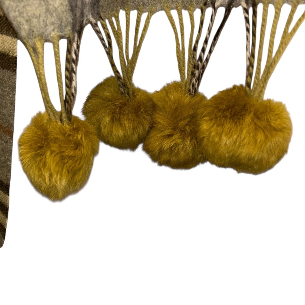 CASHMERE Olive chartreuse rabbit fur balls trim Nova Check Plaid Shawl Wrap FALL - Picture 6 of 6